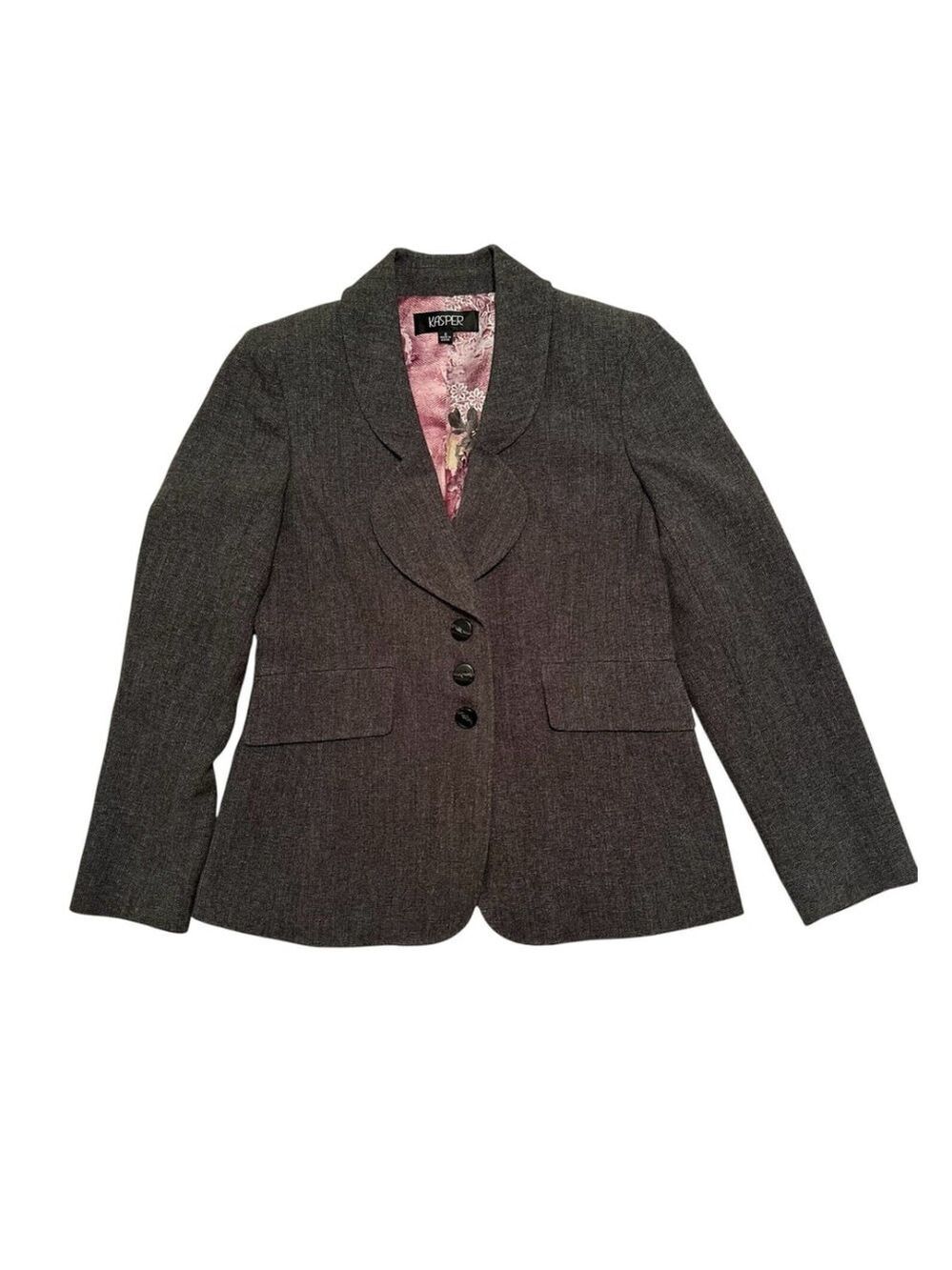 Kasper Black Houndstooth 3-Button Blazer Jacket Womens 8 Pockets Business Office